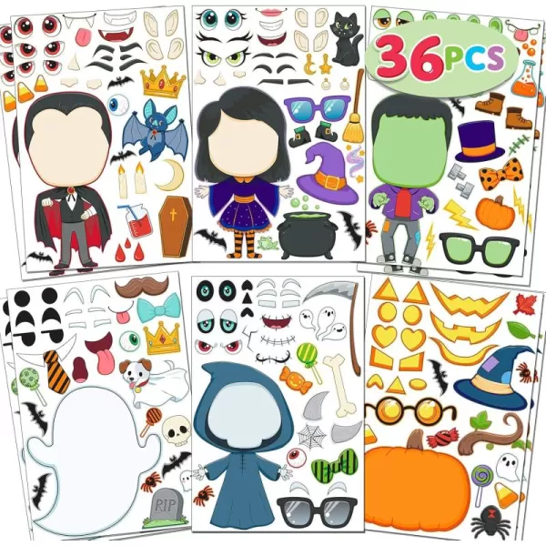 JOYIN 36 Pcs Halloween Make a Face Stickers Halloween Party Favor for Kid Art Craft Party Supplies Funny Characters Stickers Sheets in Different Designs Classroom Activities Games Treat GoodiesFace Stickers