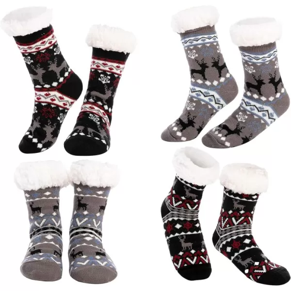 JOYIN 4 Packs Soft Premium Fleece Crew Socks Deer Patterns for Fleece Lining Fuzzy Soft Slipper Socks for Winter Christmas Holiday or Birthday Gift