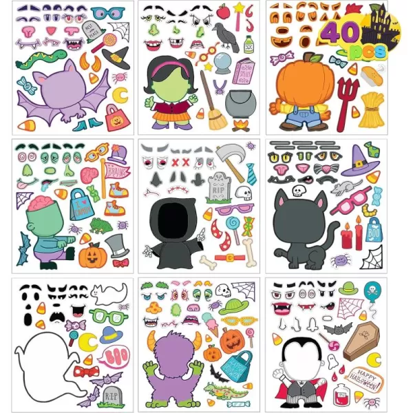 JOYIN 40 Pcs Halloween Make a Face Stickers Halloween Party Favor Kids Craft Party Supplies Class Art Activities Games Goodies Sticker Sheets with Vampire Zombie Pumpkin Witch Full Body Design