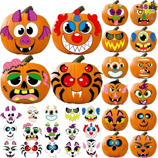 JOYIN 48 Pcs Halloween Pumpkin Stickers Halloween Party Favor Kids Art Craft Party Supplies Funny Pumpkin Decorating Stickers JackOLantern Face Sticker Sheets Classroom Activities Games GoodiesCute Stickers