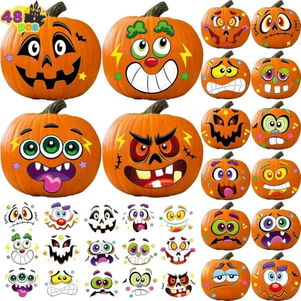JOYIN 48 Pcs Halloween Pumpkin Stickers Halloween Party Favor Kids Art Craft Party Supplies Funny Pumpkin Decorating Stickers JackOLantern Face Sticker Sheets Classroom Activities Games GoodiesFunny Stickers