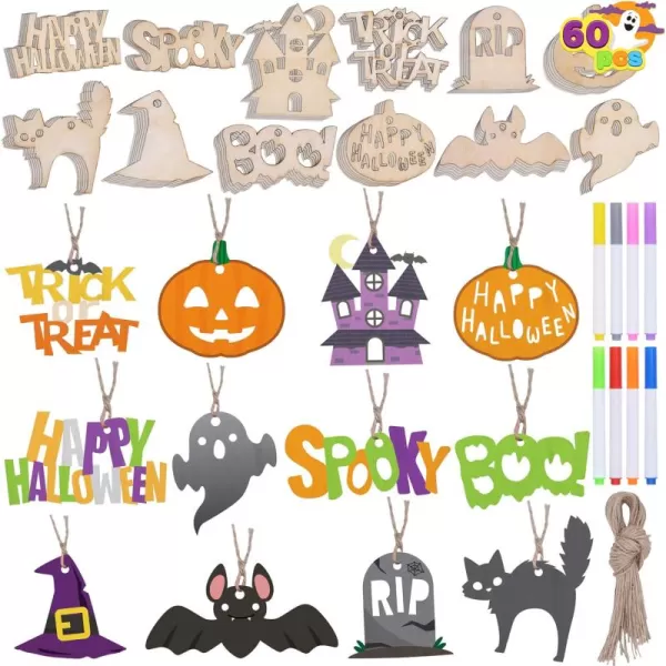 JOYIN 60 Pcs Halloween Craft Wooden Painting Kit Halloween Party Supplies Party Favors for Kids Halloween Wood Blank Cutouts Ornaments Gift Tags Decor for School Art DIY Activities Goodies Games