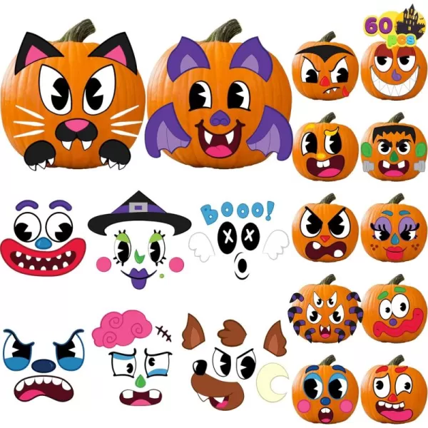 JOYIN 60 Pcs Halloween Pumpkin Decorating Stickers Halloween Art Craft Party Supplies Party Favor for Kid JackOLantern Face Sticker Sheets in 18 Designs School Activities Treat Classroom GoodiesFunny Stickers