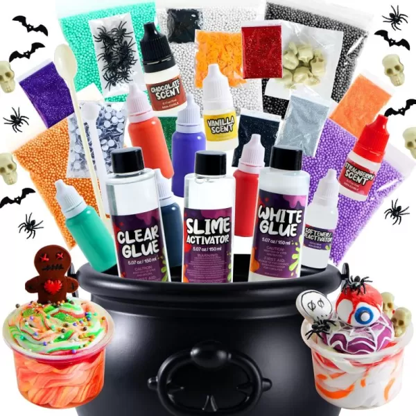 JOYIN Halloween Slime Kit for Kids Halloween Party Favor Art Activities Party Supplies DIY Slime Craft Kit with Cauldron Kettle Spooky Bats Eyeballs Pumpkins Skeletons Spiders Party Game Gift