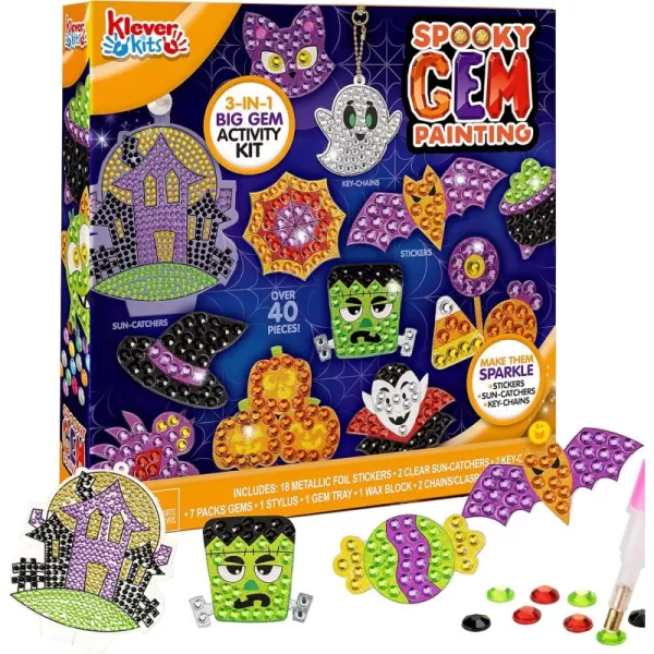 Klever Kits Halloween Gem Art Kit Kids Halloween Art Crafts Party Supplies Diamond Painting Kit with Stickers Suncatchers and Keychains Party Favor DIY Activities School Game Goodies Gift