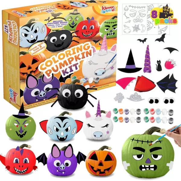 Klever Kits Halloween Pumpkin Decorating Kit Halloween Arts and Craft Party Favors for Kids Pumpkin Painting Kits Party Supplies Halloween DIY Coloring Pumpkin Decorations School Activities Games