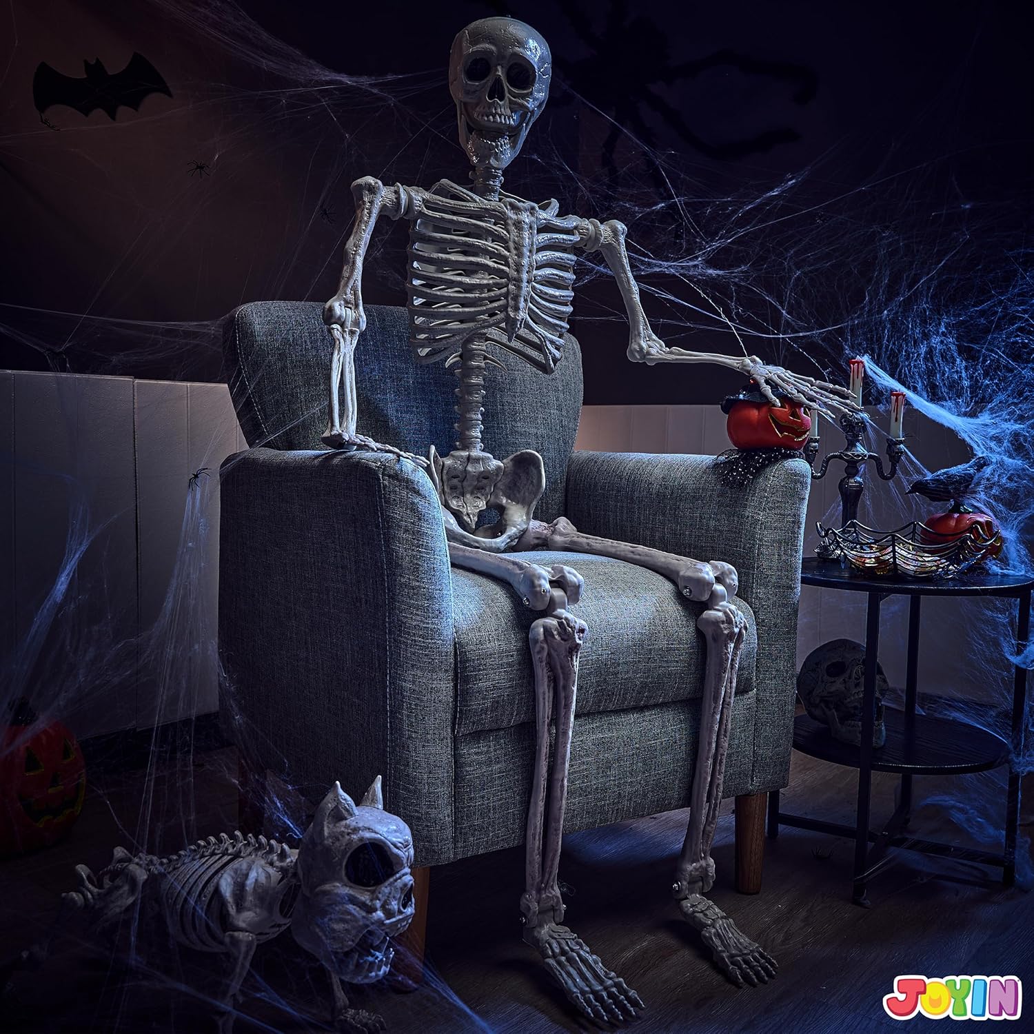 JOYIN 56 FT Halloween Posable Life Size Skeleton Full Body Realistic Bones with Movable Joints for Halloween Indoor and Outdoor Decoration WhiteYellow