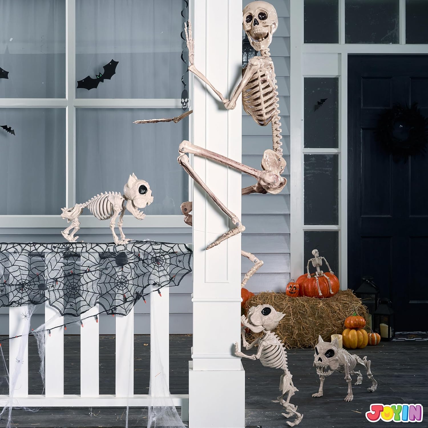 JOYIN 56 FT Halloween Posable Life Size Skeleton Full Body Realistic Bones with Movable Joints for Halloween Indoor and Outdoor Decoration WhiteYellow