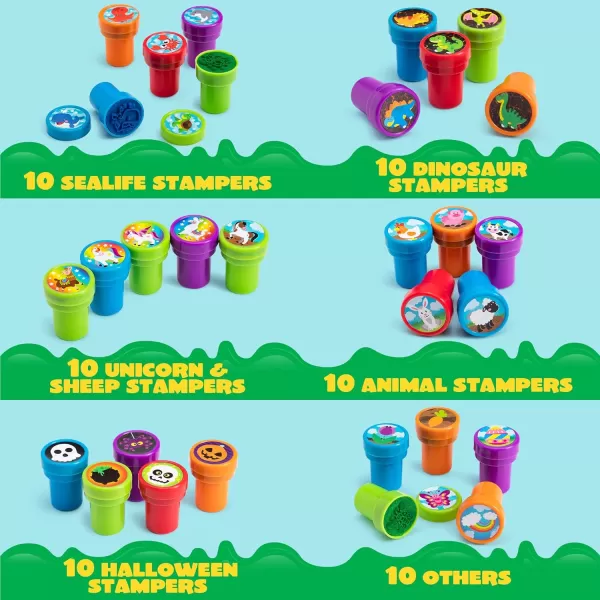100 Pcs Assorted Stamps for Kids SelfInk Stamps 50 Different Designs Dinosaur Zoo Safari Stampers for Party Favor Carnival Prizes School Easter Egg Stuffers Halloween Christmas