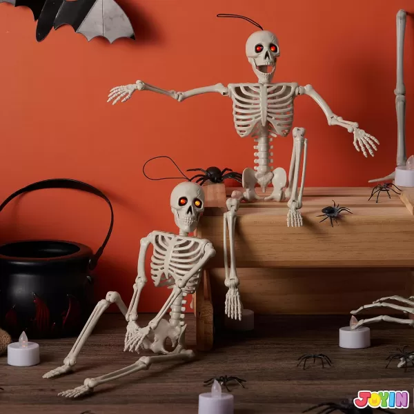 JOYIN 2 PCS 16 Halloween Skeletons Decoration Full Body Posable Hanging Skeletons with Red LED Light Eyes and Movable Joints for Indoor and Outdoor Decoration