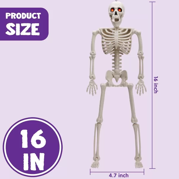 JOYIN 2 PCS 16 Halloween Skeletons Decoration Full Body Posable Hanging Skeletons with Red LED Light Eyes and Movable Joints for Indoor and Outdoor Decoration