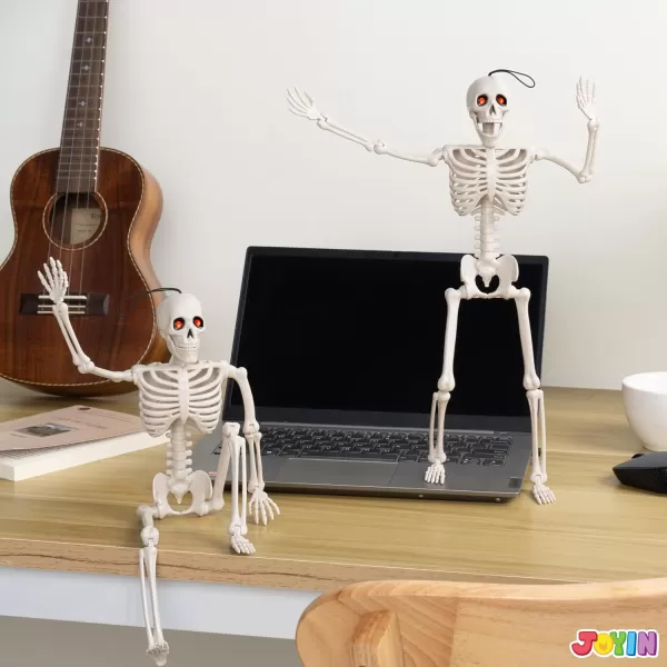 JOYIN 2 PCS 16 Halloween Skeletons Decoration Full Body Posable Hanging Skeletons with Red LED Light Eyes and Movable Joints for Indoor and Outdoor Decoration