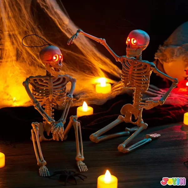 JOYIN 2 PCS 16 Halloween Skeletons Decoration Full Body Posable Hanging Skeletons with Red LED Light Eyes and Movable Joints for Indoor and Outdoor Decoration