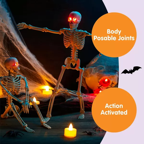 JOYIN 2 PCS 16 Halloween Skeletons Decoration Full Body Posable Hanging Skeletons with Red LED Light Eyes and Movable Joints for Indoor and Outdoor Decoration