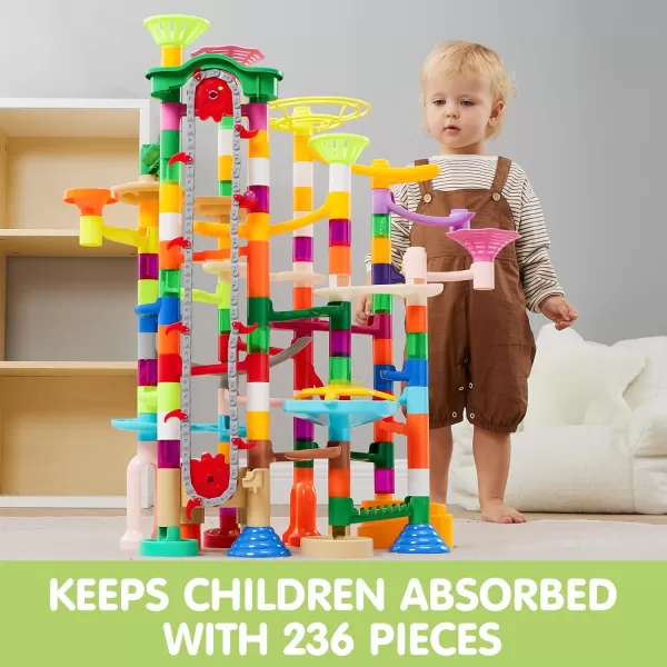 JOYIN 236Pcs Glowing Marble Run with Motorized Elevator Construction Building Blocks Toys with 30 Glow in The Dark Plastic Marbles STEM Gifts for Boys and Girls