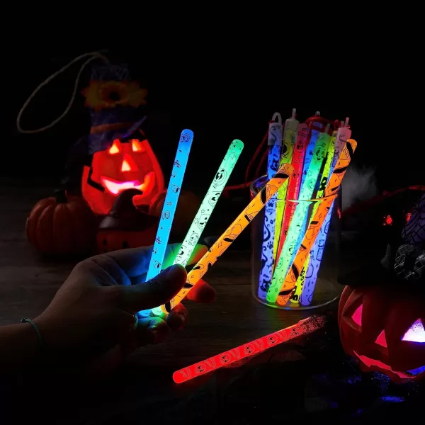 JOYIN 24 Pcs Halloween Glow Stick Hanging Wands in 8 Different Pattern Designs and 6 Colors for Halloween Party Favors Halloween Party Supplies Glow in the Dark Halloween Goodie Bag Fillers