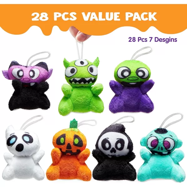 JOYIN 28 PCS Halloween Mini Plush Toy Assortment with 7 Halloween Characters Mini Halloween Plush Toy for Kids Halloween Party Favors Goodie Bag Fillers