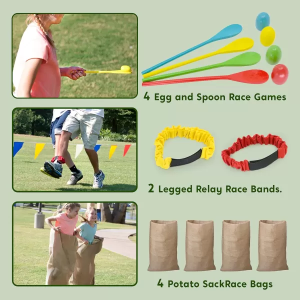 JOYIN 4 Players Outdoor Lawn Games Potato Sack Race Bags Egg and Spoon Race Games Legged Relay Race Bands Elastic Tie Rope for All Ages Kids and Family Outside Easter Eggs Hunt Game Party Favor