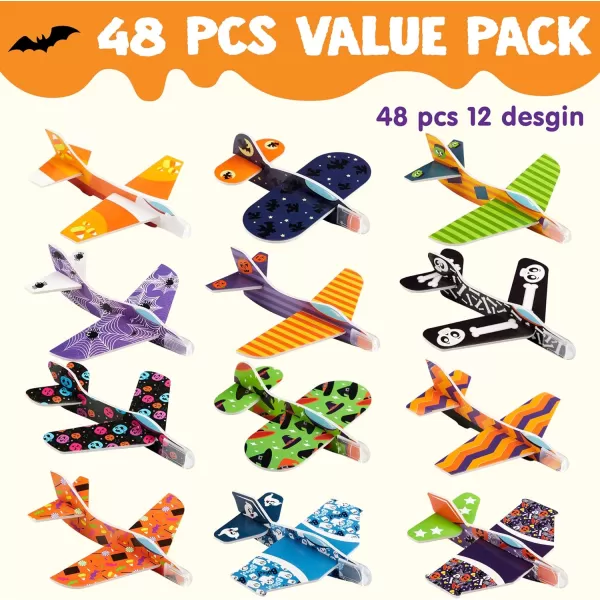 JOYIN 48 PCS Halloween Foam Glider Planes for Kids Flying Paper Airplane Gliders Toys Bulk for Halloween Party Gifts Presents12 Different Airplane DesignsTrick or Treats Party Favor and Supplies