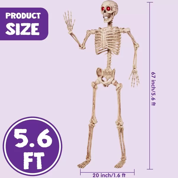 JOYIN 56 FT Halloween LED PosableSkeleton Full Body Realistic Bones with Red Light Eyes and Movable Joints for Halloween Indoor and Outdoor Decoration
