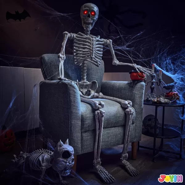 JOYIN 56 FT Halloween LED PosableSkeleton Full Body Realistic Bones with Red Light Eyes and Movable Joints for Halloween Indoor and Outdoor Decoration