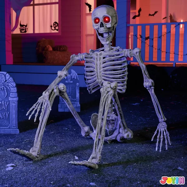 JOYIN 56 FT Halloween LED PosableSkeleton Full Body Realistic Bones with Red Light Eyes and Movable Joints for Halloween Indoor and Outdoor Decoration