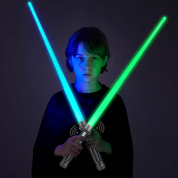 JOYIN Extendable 2in1 Light Up Sword for Kids Dual LED Swords Set with FX Sound Motion Sensitive and Realistic Sliver Handle for Fighters and Warriors New Years Eve Party Supplies Boys StuffSilver Handle