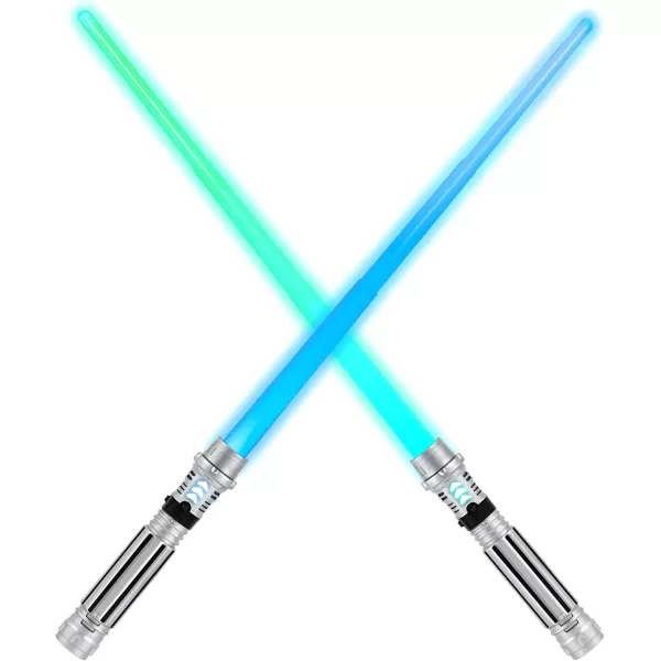 JOYIN Extendable 2in1 Light Up Sword for Kids Dual LED Swords Set with FX Sound Motion Sensitive and Realistic Sliver Handle for Fighters and Warriors New Years Eve Party Supplies Boys StuffSilver Handle