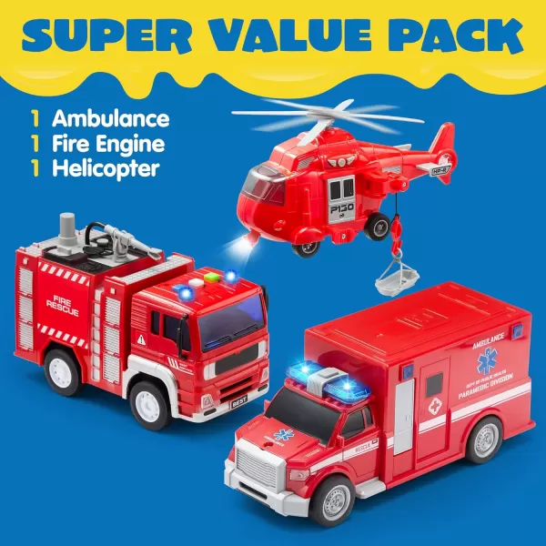 JOYIN Toddler Truck Toys for 3 4 5 6 7 Year Old Boys  Police Car Toy Set Emergency Vehicle Playset Kids Toys Cars Friction Powered Car with Lights and Sounds Birthday Gifts for Boys Girls Age 39Fire Vehicle Playset