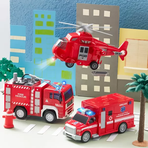 JOYIN Toddler Truck Toys for 3 4 5 6 7 Year Old Boys  Police Car Toy Set Emergency Vehicle Playset Kids Toys Cars Friction Powered Car with Lights and Sounds Birthday Gifts for Boys Girls Age 39Fire Vehicle Playset