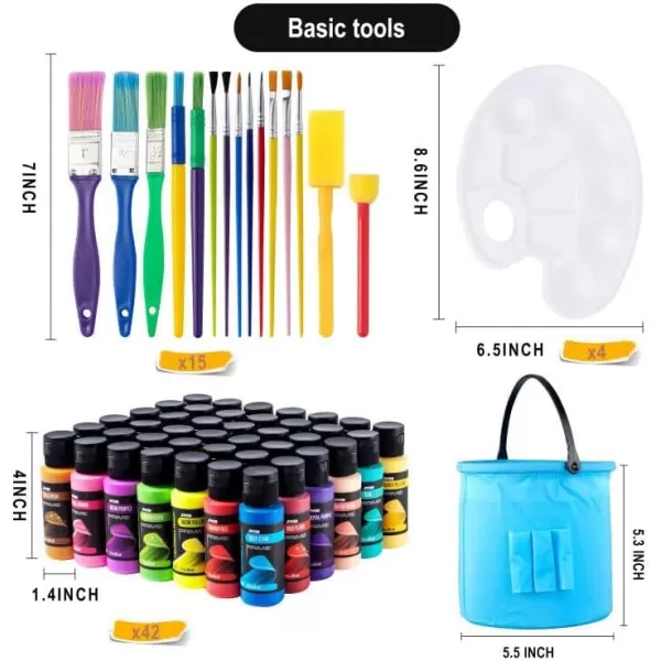 JOYIN Washable Paint for Kids 42PCS  NonToxic Tempera Paint Set 2 oz Each Liquid Paint with 15 Brushes and 4 Palettes  Paint for Arts and Crafts Project Finger Painting002 Fl Oz Pack of 63