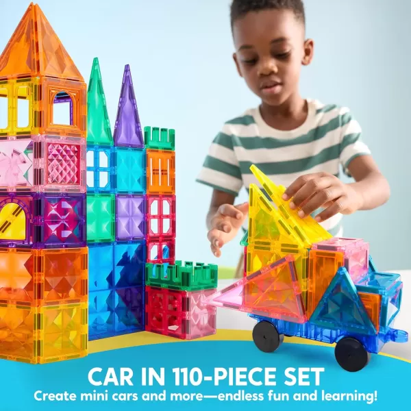 SYNCFUN Magnetic Tiles 110pcs  3D Magnet Building Tiles with Vehicle  Construction Blocks Set for Kids  STEM Sensory Learning Educational Toys Birthday Gift for 3 4 5 6 7 Year Old