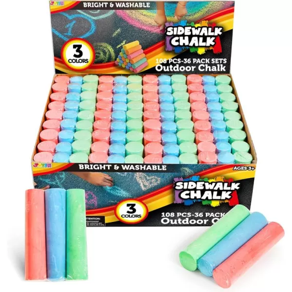 JOYIN 108 PCS Sidewalk Chalk Set in 36 Count 3 Assorted Colors NonToxic Jumbo Washable Driveway Chalk for Outdoor Art Play Great Gift Toys for Kids Classroom Party Favors