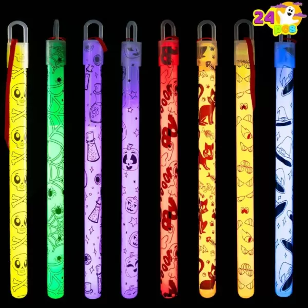 JOYIN 24 Pcs Halloween Glow Stick Hanging Wands in 8 Different Pattern Designs and 6 Colors for Halloween Party Favors Halloween Party Supplies Glow in the Dark Halloween Goodie Bag Fillers
