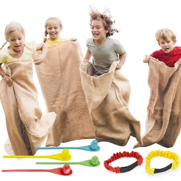 JOYIN 4 Players Outdoor Lawn Games Potato Sack Race Bags Egg and Spoon Race Games Legged Relay Race Bands Elastic Tie Rope for All Ages Kids and Family Outside Easter Eggs Hunt Game Party Favor