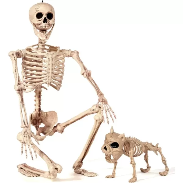 JOYIN Skeleton Halloween Decor 56 FT Life Size Human Poseable Skeleton with 16 Inches Puppy Plastic Bones for Halloween Indoor Outdoor Decoration Spooky Scene Party Favors Decor TrickorTreaters