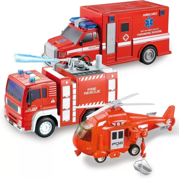 JOYIN Toddler Truck Toys for 3 4 5 6 7 Year Old Boys  Police Car Toy Set Emergency Vehicle Playset Kids Toys Cars Friction Powered Car with Lights and Sounds Birthday Gifts for Boys Girls Age 39Fire Vehicle Playset