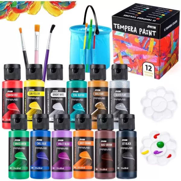 JOYIN Washable Paint for Kids 42PCS  NonToxic Tempera Paint Set 2 oz Each Liquid Paint with 15 Brushes and 4 Palettes  Paint for Arts and Crafts Project Finger Painting1 Count Pack of 12