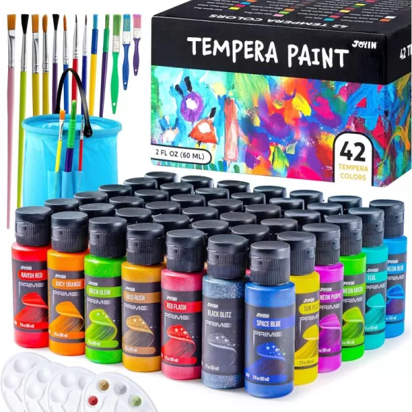 JOYIN Washable Paint for Kids 42PCS  NonToxic Tempera Paint Set 2 oz Each Liquid Paint with 15 Brushes and 4 Palettes  Paint for Arts and Crafts Project Finger Painting002 Fl Oz Pack of 63