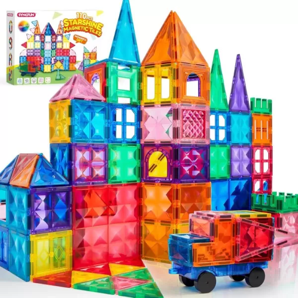 SYNCFUN Magnetic Tiles 110pcs  3D Magnet Building Tiles with Vehicle  Construction Blocks Set for Kids  STEM Sensory Learning Educational Toys Birthday Gift for 3 4 5 6 7 Year Old