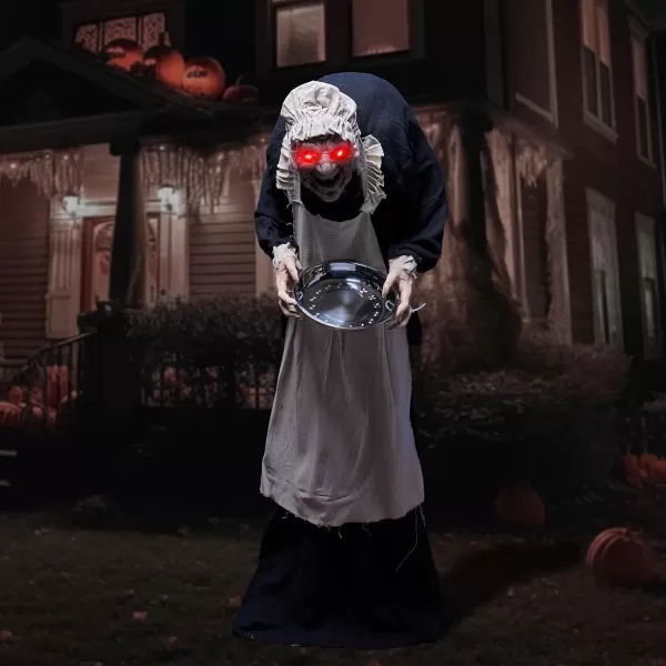 5ft Halloween Animatronics Decorations Standing Zombie Maid with Hat Lightup Eyes and Scary Sound Activated Prop Scary Hunchbacked Witch Decor for Haunted House IndoorOutdoor Yard Lawn