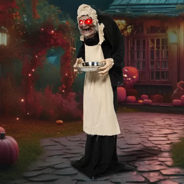 5ft Halloween Animatronics Decorations Standing Zombie Maid with Hat Lightup Eyes and Scary Sound Activated Prop Scary Hunchbacked Witch Decor for Haunted House IndoorOutdoor Yard Lawn