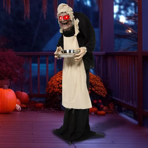 5ft Halloween Animatronics Decorations Standing Zombie Maid with Hat Lightup Eyes and Scary Sound Activated Prop Scary Hunchbacked Witch Decor for Haunted House IndoorOutdoor Yard Lawn
