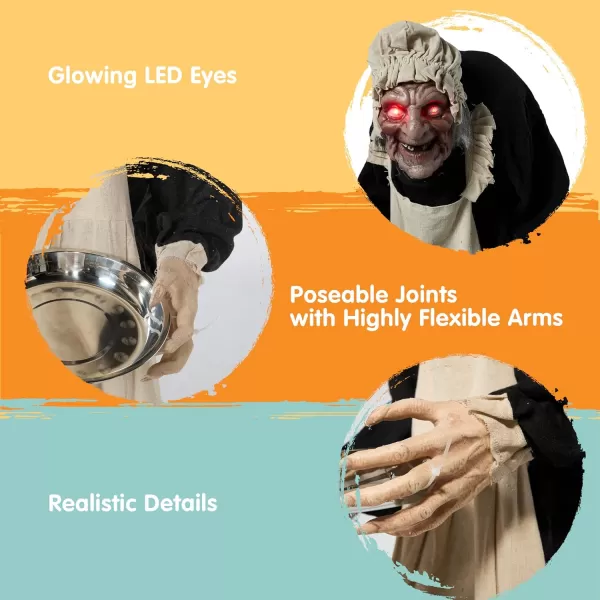 5ft Halloween Animatronics Decorations Standing Zombie Maid with Hat Lightup Eyes and Scary Sound Activated Prop Scary Hunchbacked Witch Decor for Haunted House IndoorOutdoor Yard Lawn