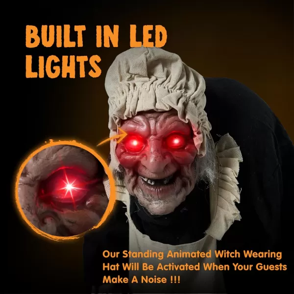5ft Halloween Animatronics Decorations Standing Zombie Maid with Hat Lightup Eyes and Scary Sound Activated Prop Scary Hunchbacked Witch Decor for Haunted House IndoorOutdoor Yard Lawn