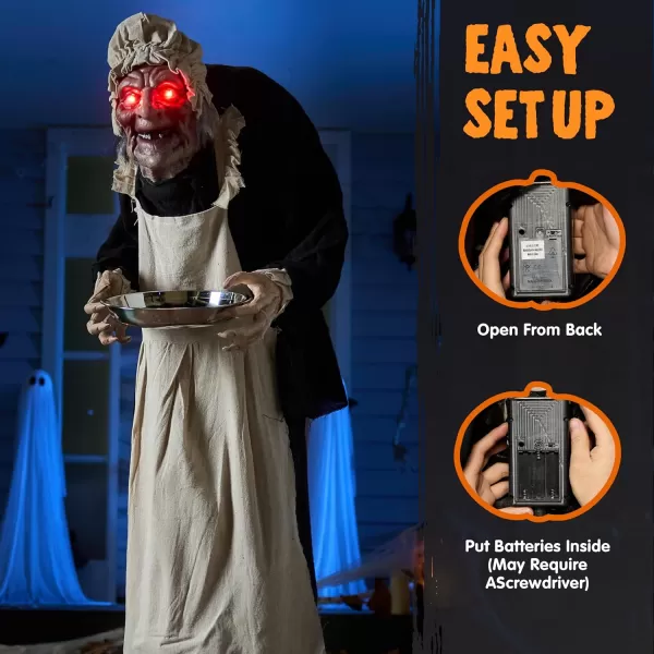 5ft Halloween Animatronics Decorations Standing Zombie Maid with Hat Lightup Eyes and Scary Sound Activated Prop Scary Hunchbacked Witch Decor for Haunted House IndoorOutdoor Yard Lawn