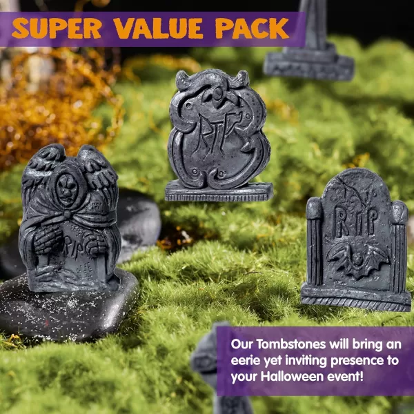 JOYIN 12 Pcs Halloween Miniature Tombstones Graveyard Decorations Outdoor RIP Headstone with Skull Cross Design for Halloween Cemetery Yard Lawn Outdoor Indoor Decorations Stone GrayGray