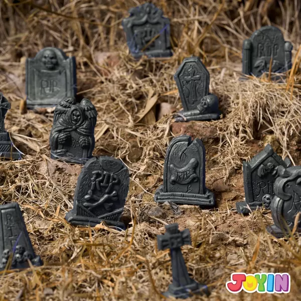 JOYIN 12 Pcs Halloween Miniature Tombstones Graveyard Decorations Outdoor RIP Headstone with Skull Cross Design for Halloween Cemetery Yard Lawn Outdoor Indoor Decorations Stone GrayGray