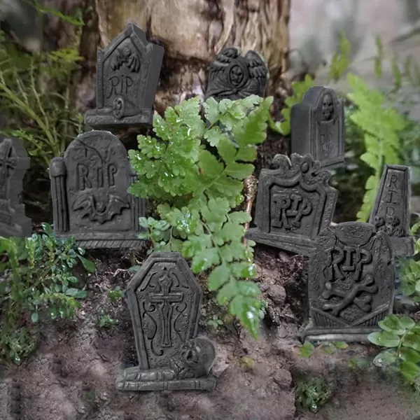 JOYIN 12 Pcs Halloween Miniature Tombstones Graveyard Decorations Outdoor RIP Headstone with Skull Cross Design for Halloween Cemetery Yard Lawn Outdoor Indoor Decorations Stone GrayGray