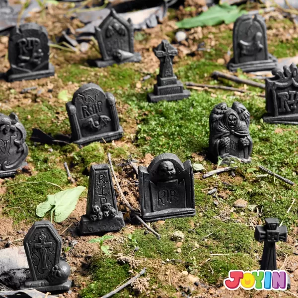 JOYIN 12 Pcs Halloween Miniature Tombstones Graveyard Decorations Outdoor RIP Headstone with Skull Cross Design for Halloween Cemetery Yard Lawn Outdoor Indoor Decorations Stone GrayGray
